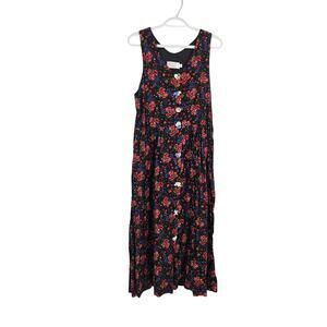 VTG Judy Fletcher Y2k 80s Dress Black Floral Sleeveless Button Down Midi Size M